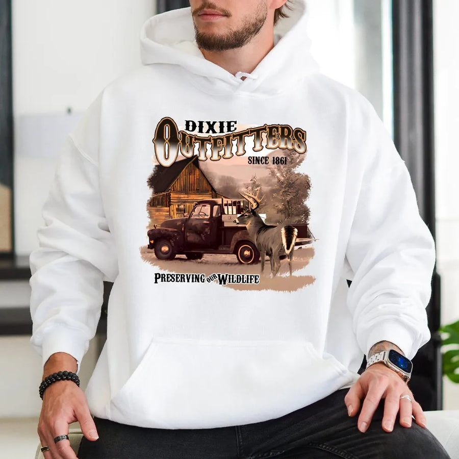Vintage Deer Hunting Hoodie | Rustic Cabin Wildlife Graphic | Premium Cotton Blend Sweatshirt | Gift for Outdoorsmen and Hunters