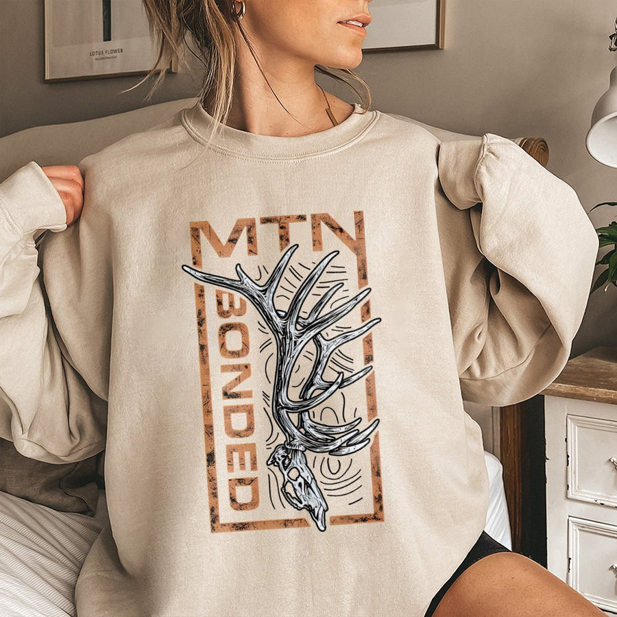 Mtn Bonded Deer Skull Sweatshirt | Rustic Antler Hunting Graphic | Premium Cotton Blend | Gift for Outdoorsmen and Mountain Lovers