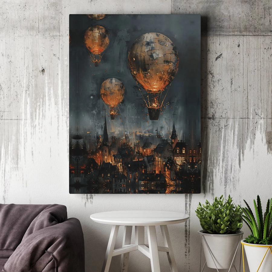 Steampunk Hot Air Balloon Canvas Print | Gothic Night Cityscape Wall Art | Premium Fade-Resistant Decor | Moody Home Office Statement Gift