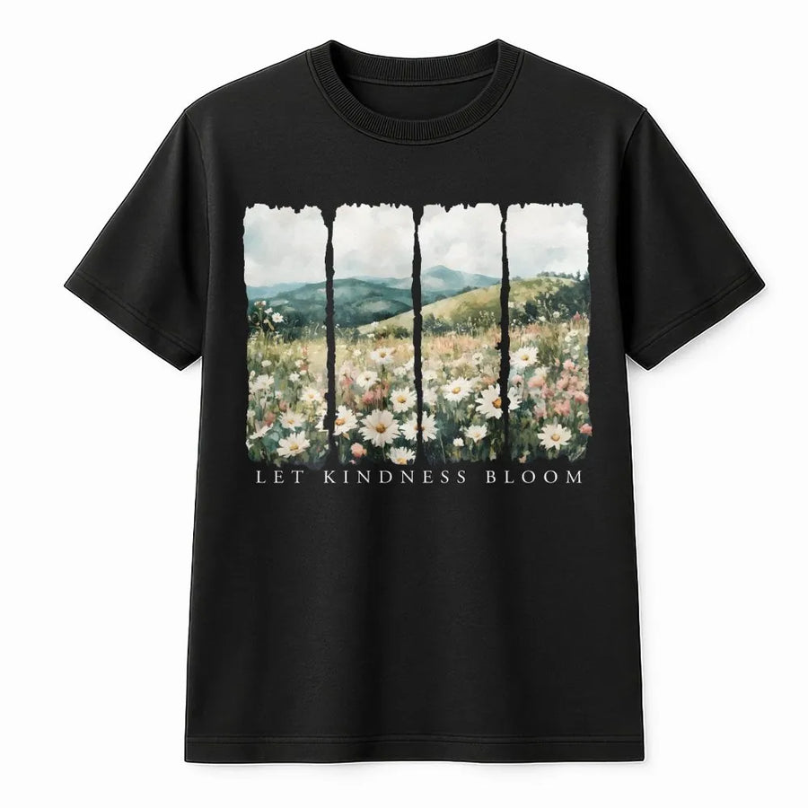 Let Kindness Bloom T-Shirt | Watercolor Wildflower Meadow Graphic | Soft 100% Cotton Tee | Inspirational Gift, Positive Message Shirt