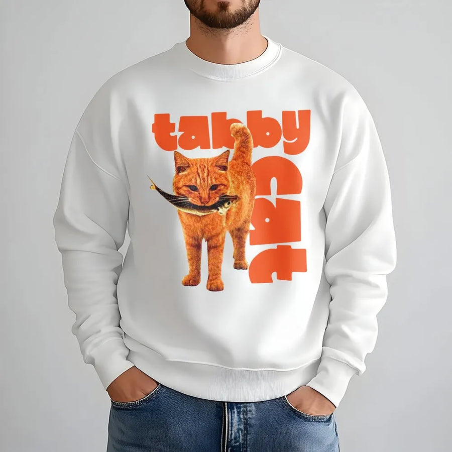 Tabby Cat Sweatshirt | Retro Orange Cat With Fish Graphic | Premium Cotton Blend Crewneck | Cute Animal Lover Gift For Cat Mom