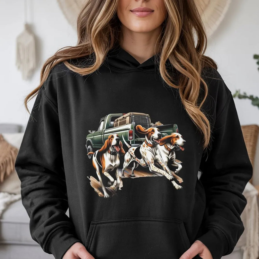 Let 'Em Run Hound Dog Hoodie | Vintage Pickup Truck Hunting Design | Premium Cotton Blend | Gift For Hunters And Outdoor Enthusiasts