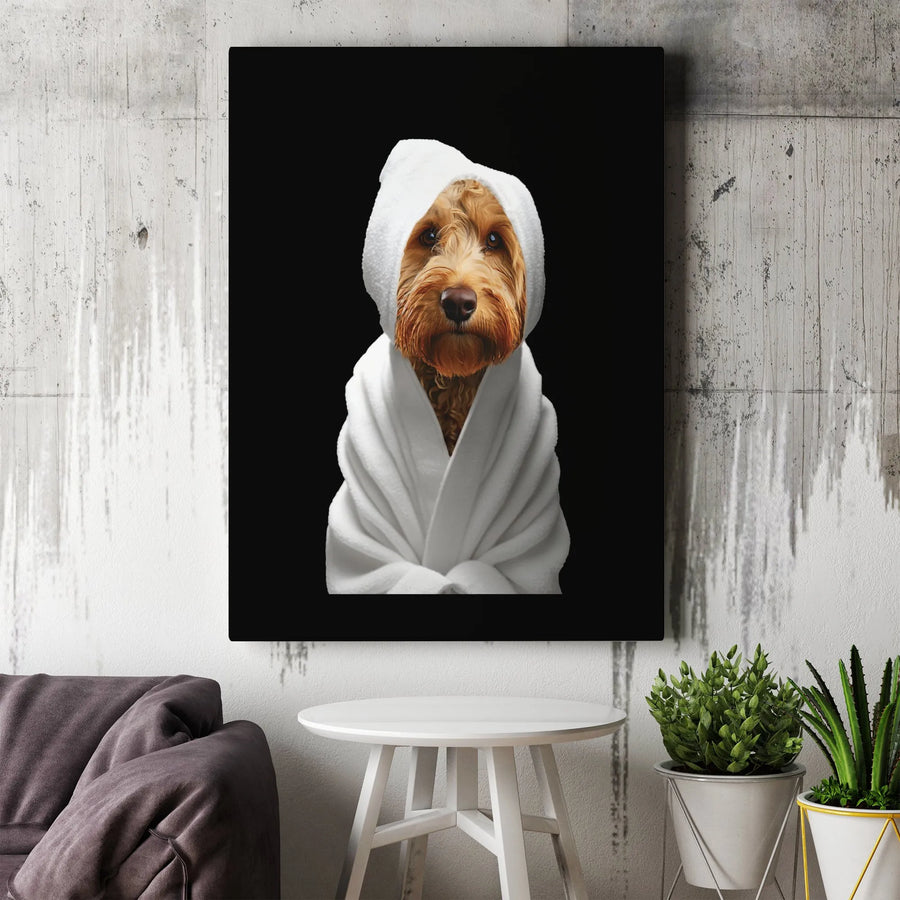 Cockapoo Dog in Bathrobe Canvas Wall Art | Funny Pet Portrait | Premium Gallery Wrapped Print | Unique Dog Lover Gift for Bathroom Decor