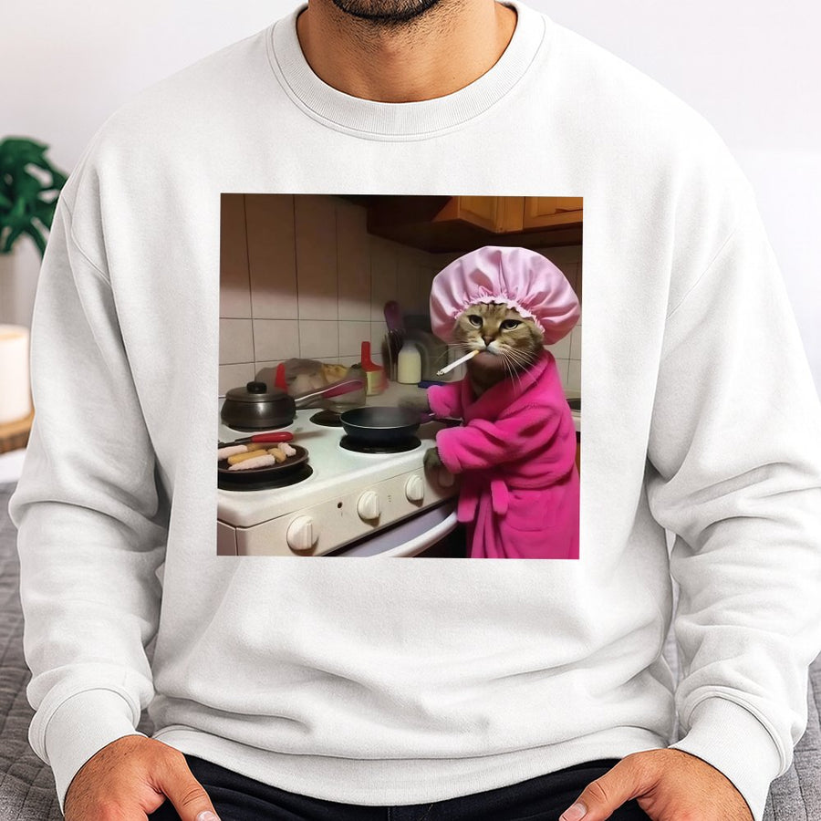 Funny Cooking Cat Sweatshirt | Sassy Cat In Pink Robe Graphic | Premium Cotton Blend Crewneck | Humorous Gift For Cat Lovers And Pet Owners