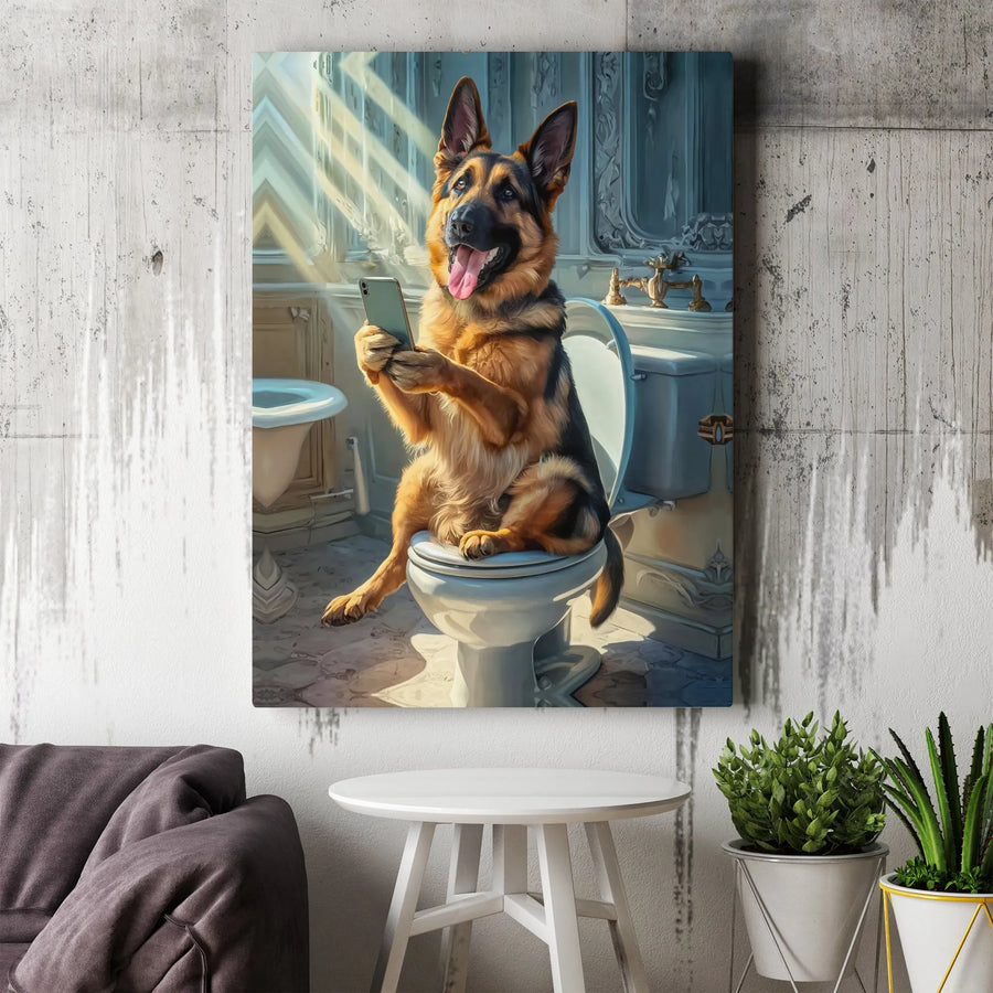 German Shepherd Toilet Wall Art | Funny Dog Using Smartphone Print | Premium Gallery Wrapped Canvas | Humorous Bathroom Decor Gift