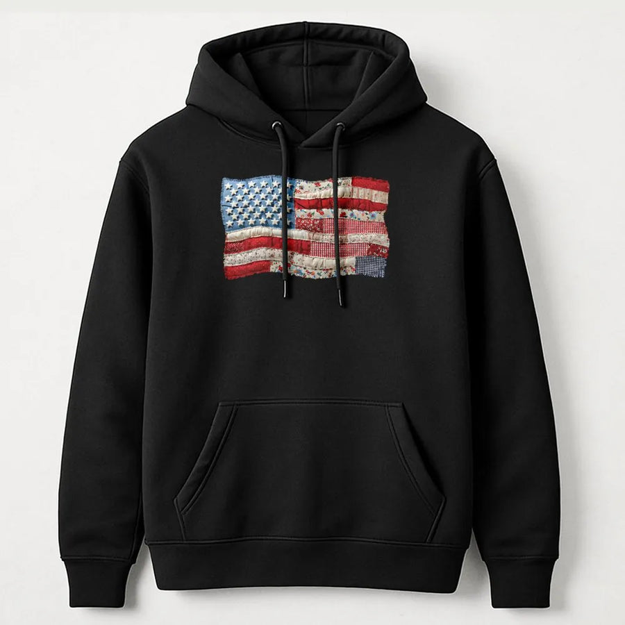 American Flag Hoodie | Retro Faux Patchwork USA Flag Design | Premium Comfort Colors | Patriotic Gift for Men & Women