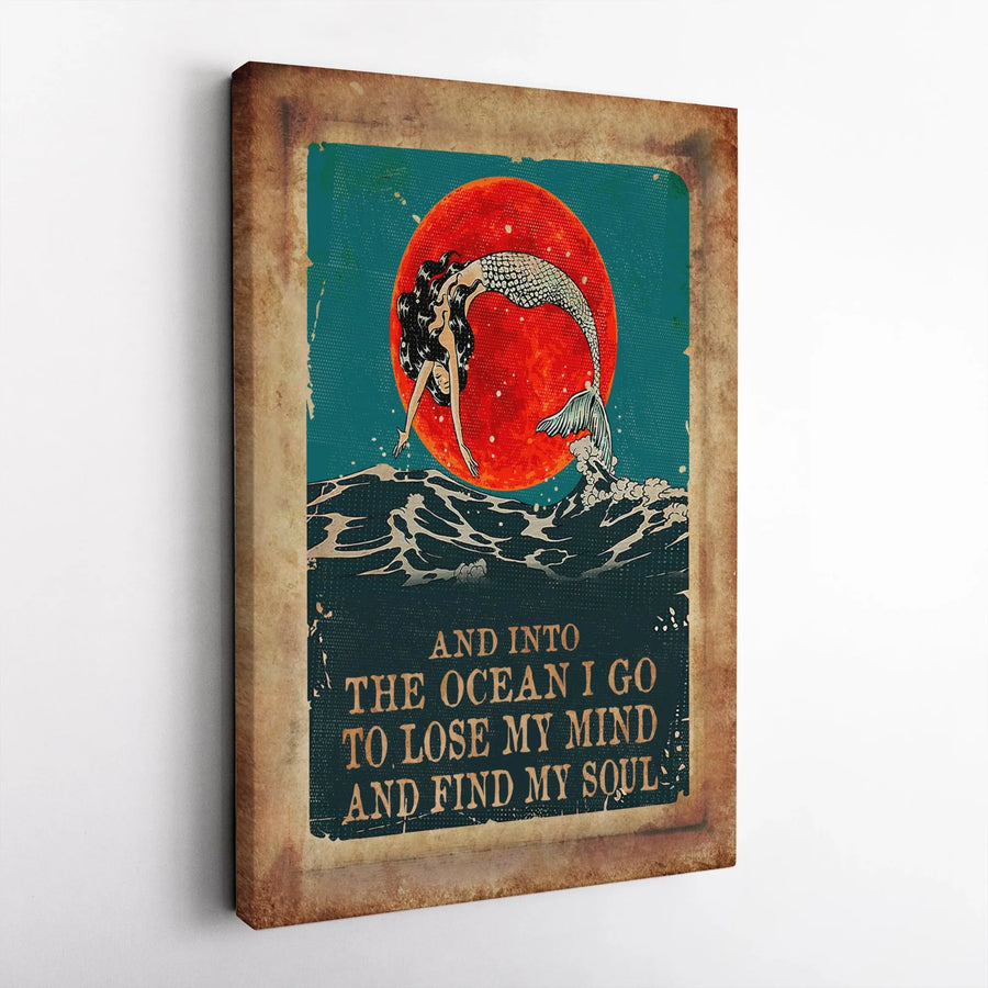 Mermaid Wall Art | Into The Ocean I Go Quote | Premium Gallery Wrapped Canvas | Coastal Home Decor Gift for Ocean Lovers