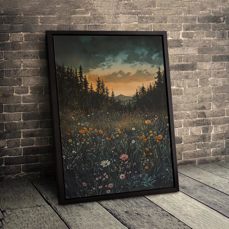 Moody Wildflower Meadow Canvas Print | Forest Mountain Sunset Wall Art | Premium 1.25-Inch Gallery Wrap | Nature-Inspired Home Decor Gift