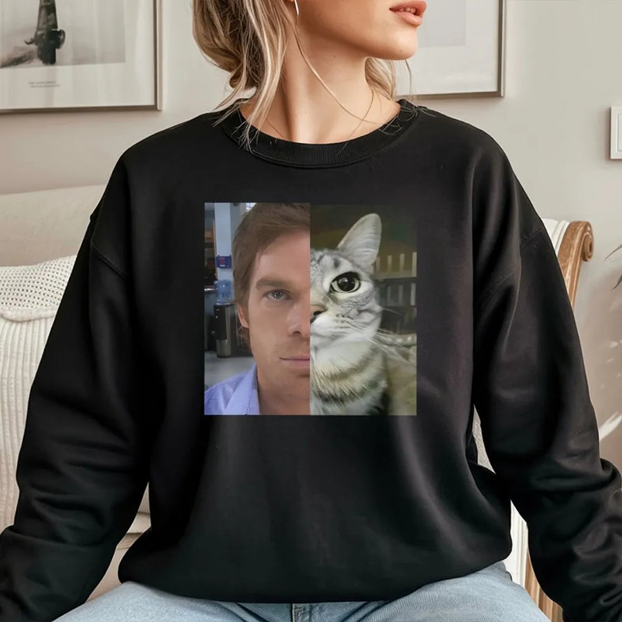 Split Face Cat Sweatshirt | Funny Meme Graphic Mashup | Premium Cotton Blend | Gift For TV Show Fans And Pet Lovers