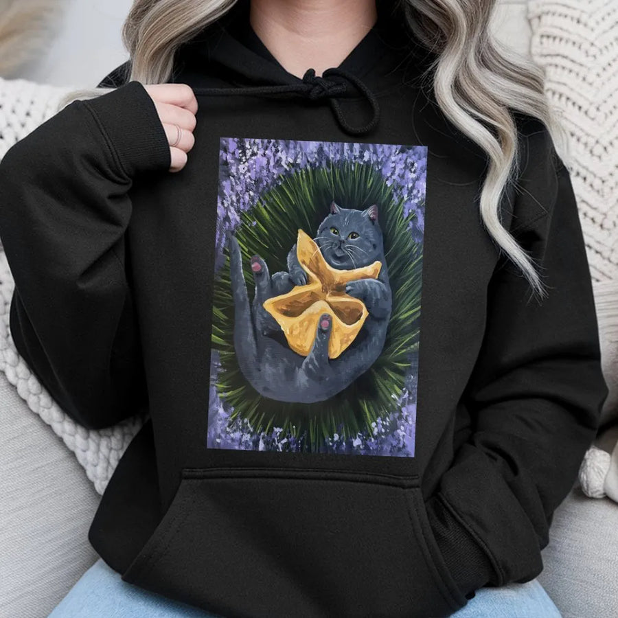Crab Rangoon Cat Hoodie | Whimsical Lavender Field Art | Premium Soft Cotton Blend | Unique Gift for Foodie Cat Lovers