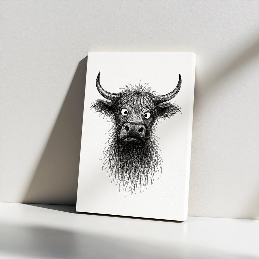 Highland Cow Canvas Wall Art | Funny Black and White Sketch Drawing | Premium Gallery Wrapped Print | Modern Farmhouse Decor Gift