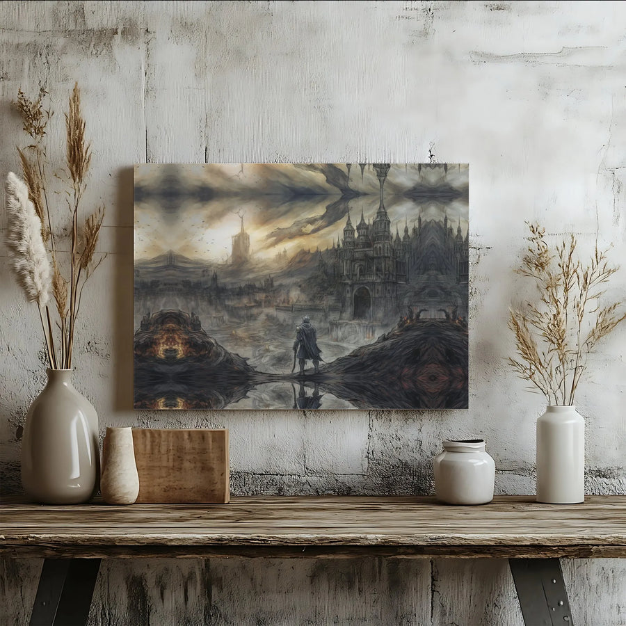 Dark Fantasy Knight Wall Art | Mirrored Gothic Castle Landscape | Premium Gallery Canvas | Epic Gaming Room Decor Gift