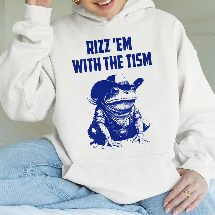 Rizz Em With The Tism Hoodie | Cowboy Frog Graphic Print | Premium Cotton-Blend Pullover | Funny Meme Sweatshirt Gift For Neurodivergent Adults
