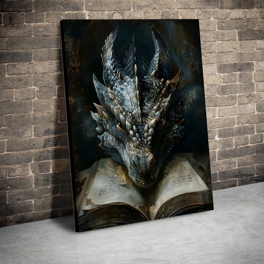 Dragon Reading Book Canvas Wall Art | Dark Fantasy Mythical Creature Decor | Premium Gallery Wrap Print | Unique Gift For Fantasy Readers