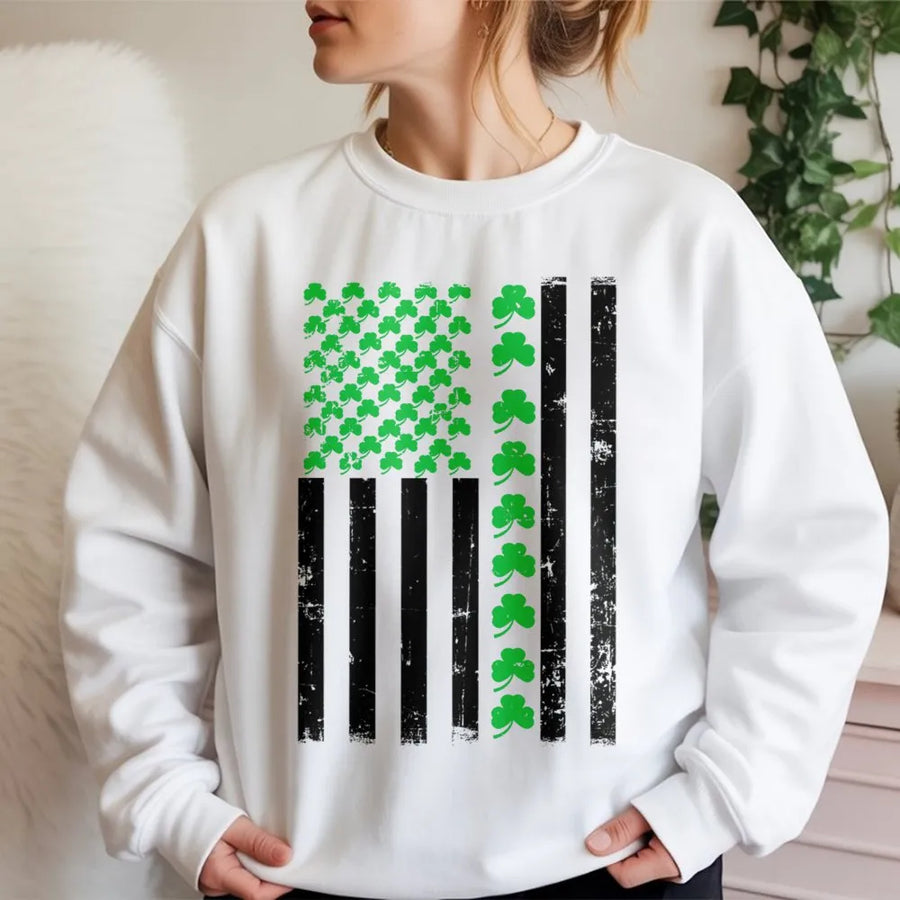 St. Patricks Day Shamrock Flag Sweatshirt | Distressed USA Flag Clover Design | Premium Cotton Blend | Unisex Irish American Gift