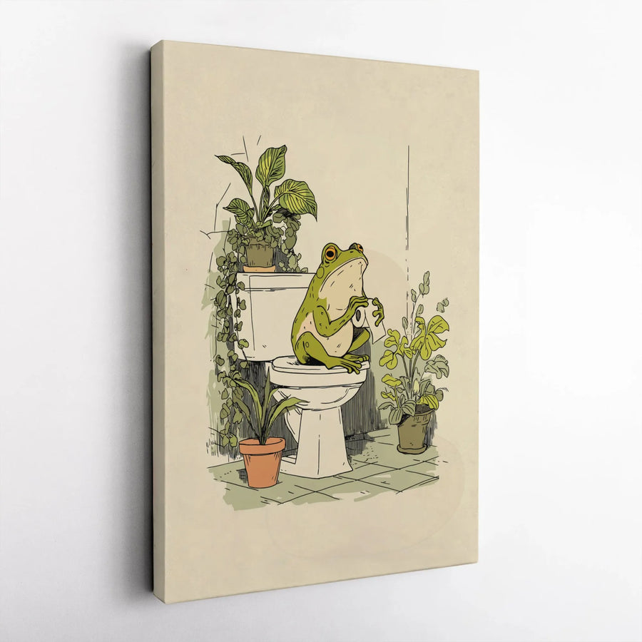 Funny Frog Vertical Canvas | Frog Sitting on Toilet with Plants Illustration | Premium Gallery Wrap Canvas | Humorous Bathroom Wall Decor Gift