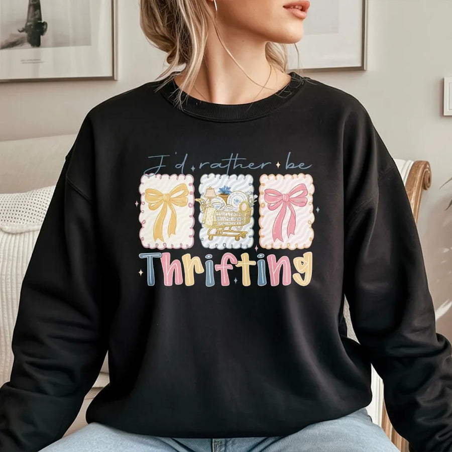 I'd Rather Be Thrifting Sweatshirt | Retro Bow and Vintage Cart Graphic | Premium Soft Cotton Blend | Aesthetic Gift for Thrift Store Shopper