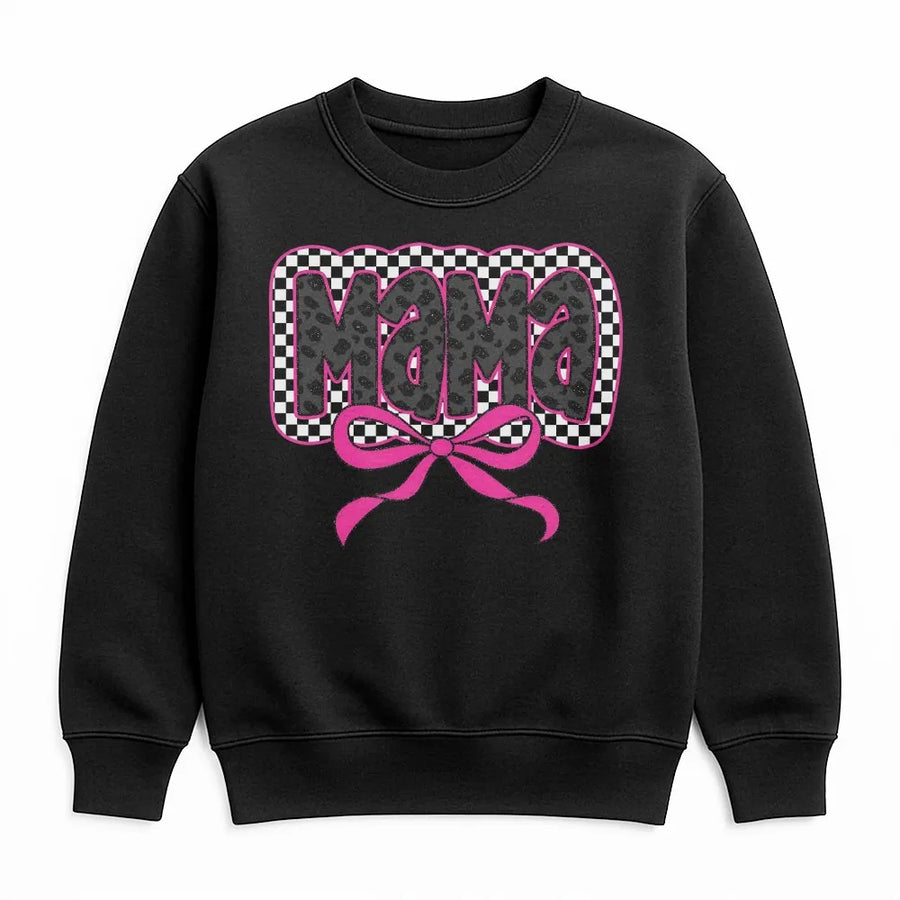 Coquette Mama Sweatshirt | Leopard Checkered Pink Bow Graphic | Premium Crewneck Pullover | Trendy Gift for New Mom