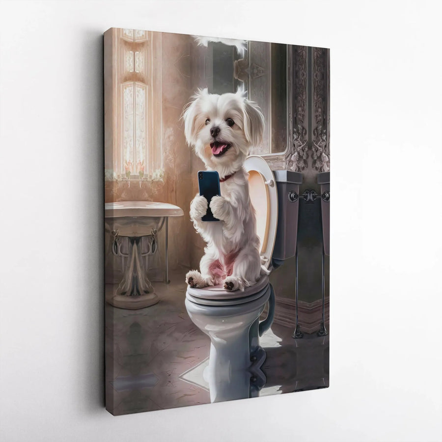 Funny Maltese Dog Wall Art | Bathroom Humorous Puppy On Toilet | Premium Gallery Wrapped Canvas | Whimsical Pet Lover Gift