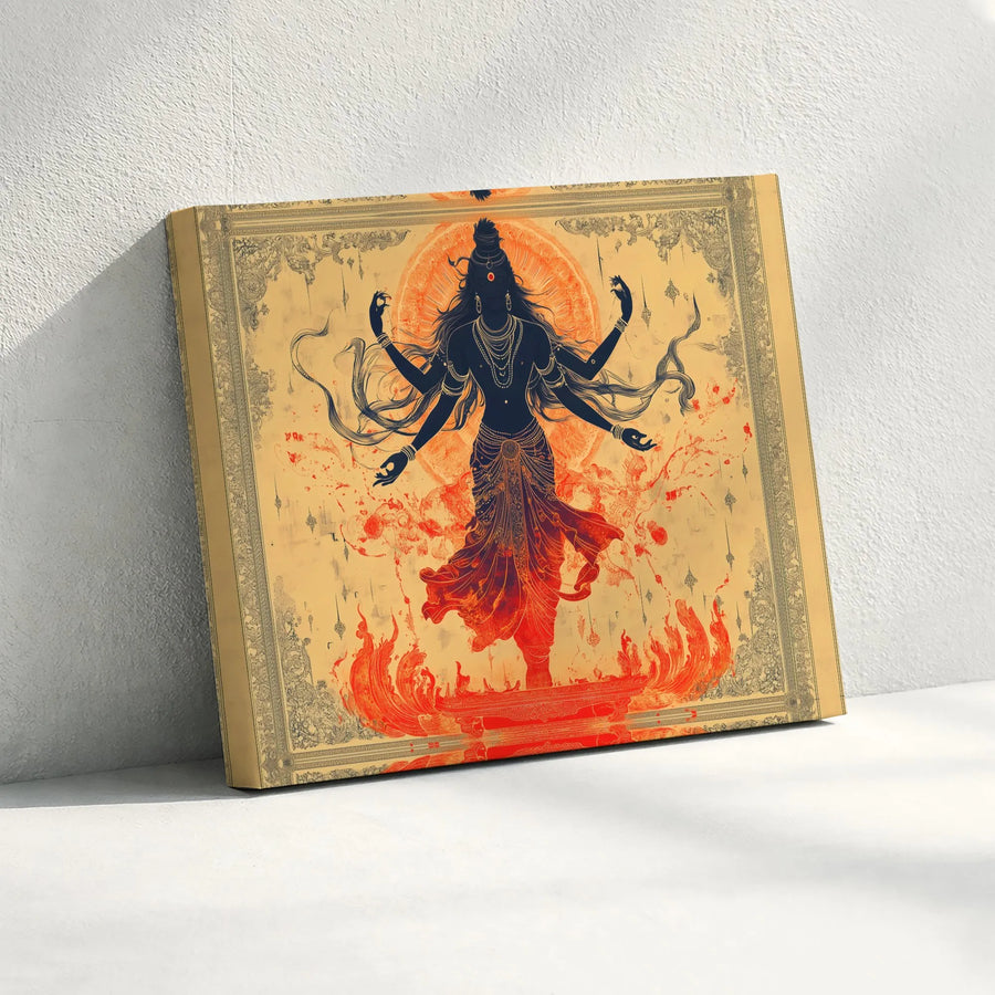 Lord Shiva Cosmic Dance Horizontal Canvas | Hindu Deity Silhouette Wall Art, Mystic Gold Orange Fire Design | Fade-Resistant High-Resolution Ink, Premium Frameless Wrap | Spiritual Meditation Gift