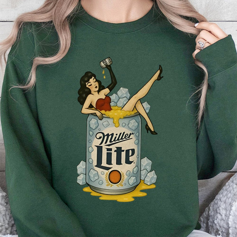 Miller Pin-Up Graphic Sweatshirt, Unisex Retro Beer Logo Sweatshirt, Vintage Style Artwork, Fun Beer Lover  Sweatshirt