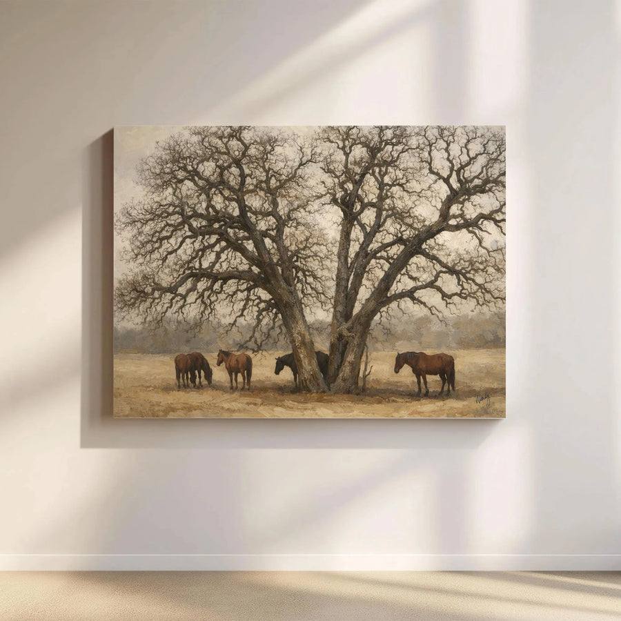 Rustic Horse & Oak Tree Canvas Print | Vintage Farmhouse Landscape Painting | Premium Canvas | Living Room & Bedroom Decor Gift