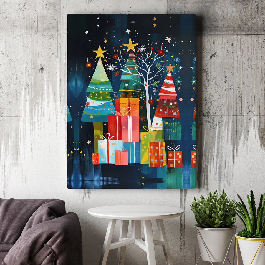 Abstract Christmas Tree Canvas Art | Colorful Holiday Gift Boxes Print | Gallery-Quality 1.25 Inch Framed Wall Decor | Festive Home Interior Gift