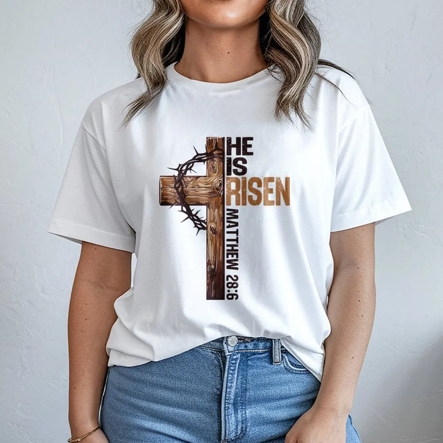 He Is Risen T-Shirt | Wooden Cross & Crown Of Thorns Graphic | Premium Soft Cotton | Christian Easter Gift for Faith & Religious Believers