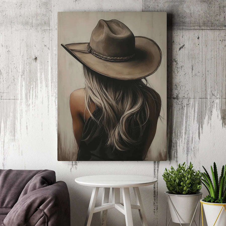 Western Woman Canvas Wall Art | Blonde Cowgirl Portrait Print | Premium Gallery Wrapped Decor | Modern Farmhouse Living Room Gift