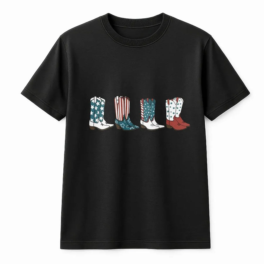 Patriotic Cowgirl T-Shirt | American Flag Cowboy Boots Graphic | Soft Cotton Blend | 4th of July USA Gift for Women