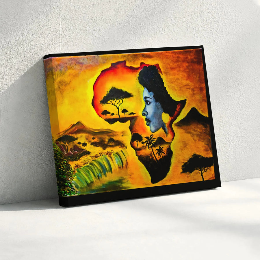 African Woman Canvas Print | Africa Map Silhouette with Savannah | Premium Fade-Resistant Gallery Art | Afrocentric Home Decor Gift