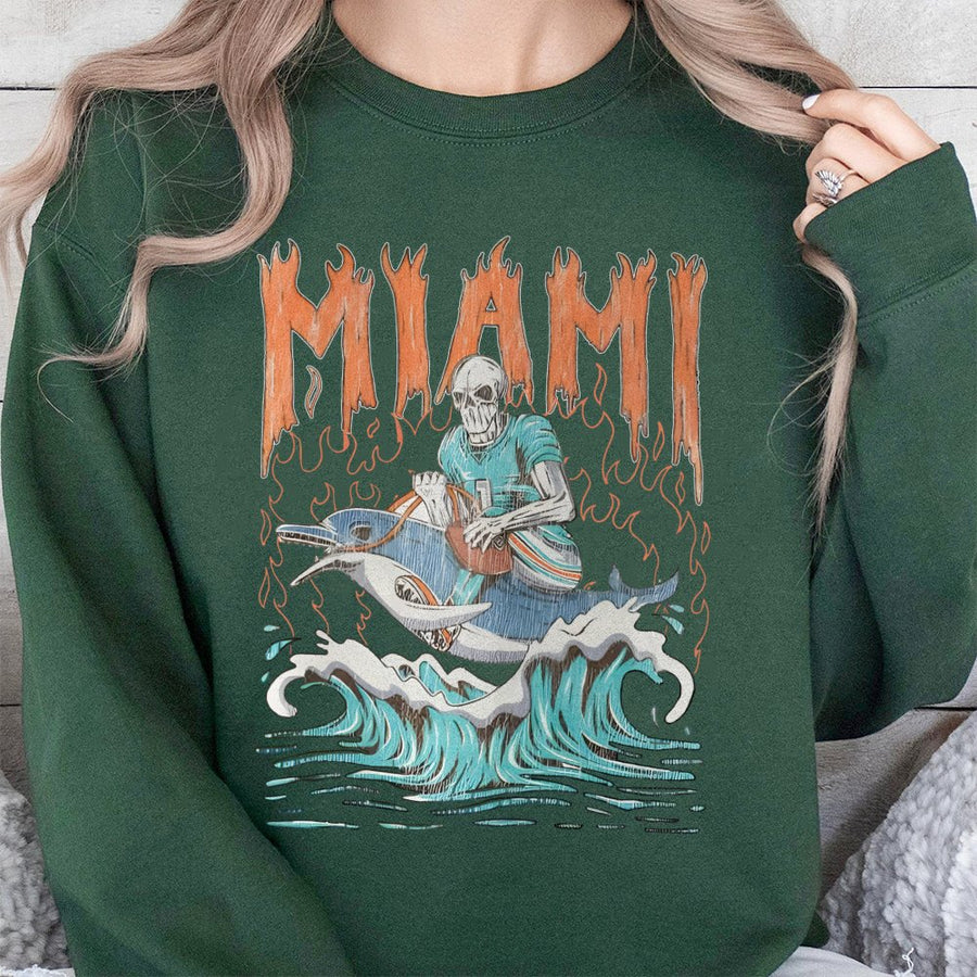 Miami Flaming Text Skeleton Football Player Riding A Dolphin Sweatshirt