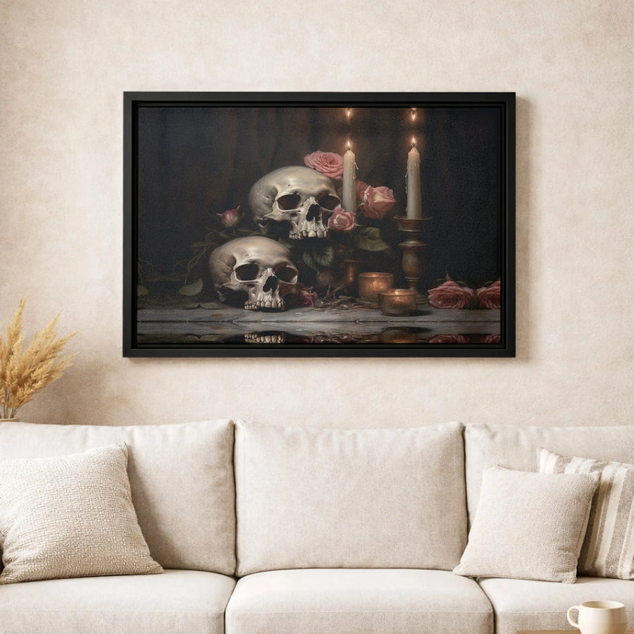 Gothic Skull Canvas Print | Memento Mori Floral Still Life With Candles | Premium Gallery Wrapped Wall Art | Dark Academia Home Decor Gift