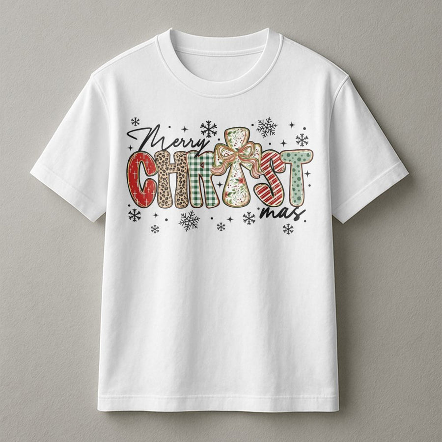 Merry Christmas Cross T-Shirt | Leopard Plaid Holiday Graphic Tee | Premium Cotton Religious Apparel | Faith-Based Festive Gift For Women And Men