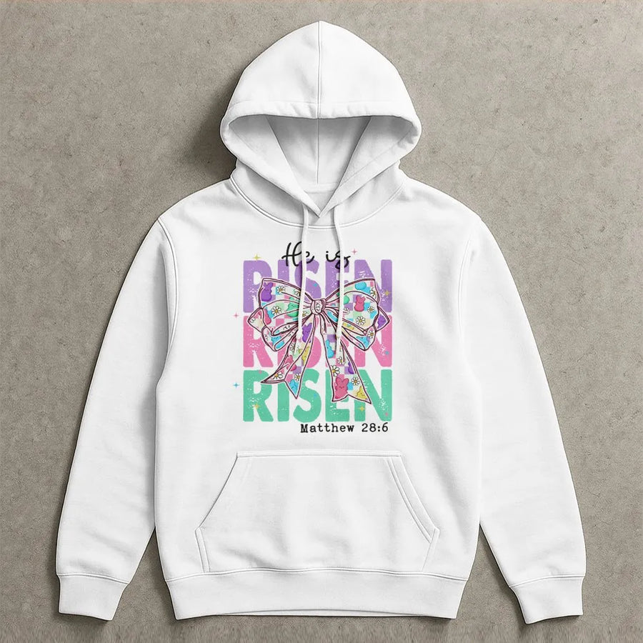 He Is Risen Hoodie | Easter Christian Faith Graphic Bow Design | Premium Cotton Blend | Religious Gift For Women And Men