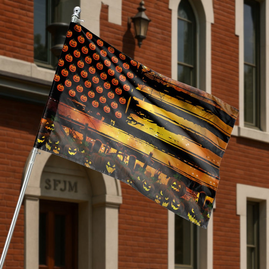 Halloween House Flag | Spooky Jack-O-Lantern American Flag Design | Premium Weather-Resistant Polyester | Outdoor Garden Decor Gift For Fall
