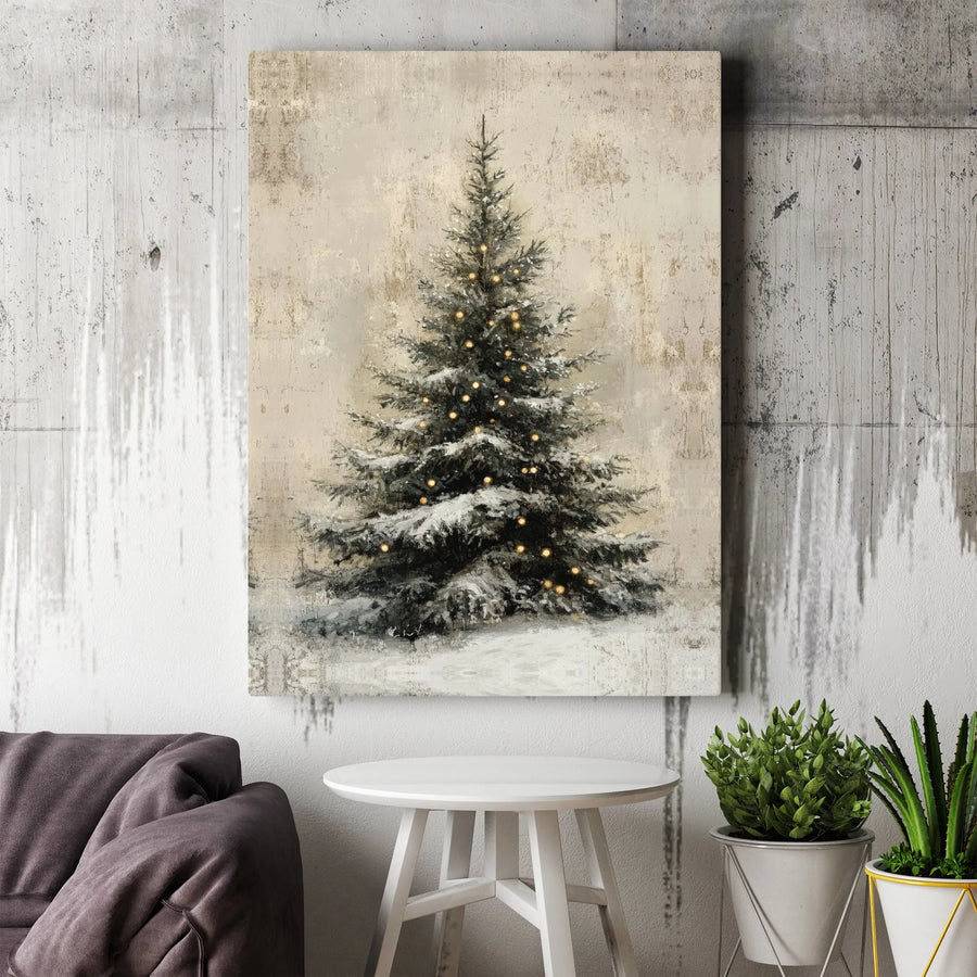 Rustic Christmas Tree Canvas Wall Art | Snow Covered Holiday Pine Print | 1.25-Inch Gallery Wrap | Festive Winter Home Decor Gift