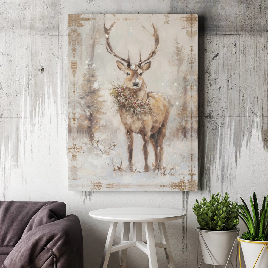 Rustic Winter Deer Canvas | Christmas Wreath Snowy Forest Wall Art | Premium Gallery Wrapped Decor | Holiday Farmhouse Home Gift