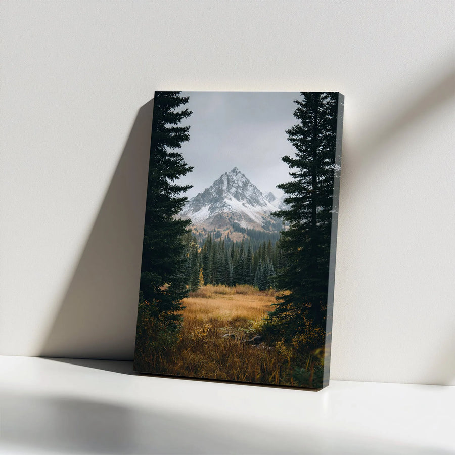 Snowy Mountain Peak Vertical Canvas | Pine Forest View Photography | Premium Gallery Wrapped Print | Rustic Cabin Decor & Nature Lover Gift