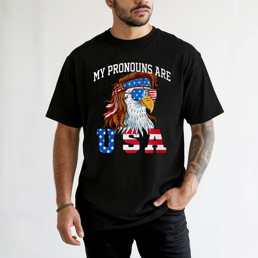 My Pronouns Are USA Eagle T-Shirt | Mullet Wearing American Flag Bald Eagle Graphic | 100% Cotton Premium Tee | Funny Patriotic 4th of July Gift for Adults