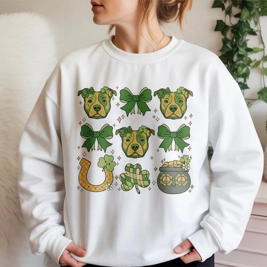 St Patrick's Day Pitbull Sweatshirt | Coquette Aesthetic Lucky Dog Mom | Premium Cotton Blend Crewneck | Cute Irish Clover Gift for Dog Lovers