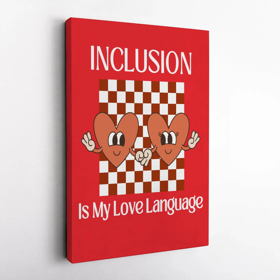 Inclusion Is My Love Language Wall Art | Retro Cartoon Heart Checkerboard Print | Gallery Quality Canvas Decor | Meaningful Gift For Office Or Home