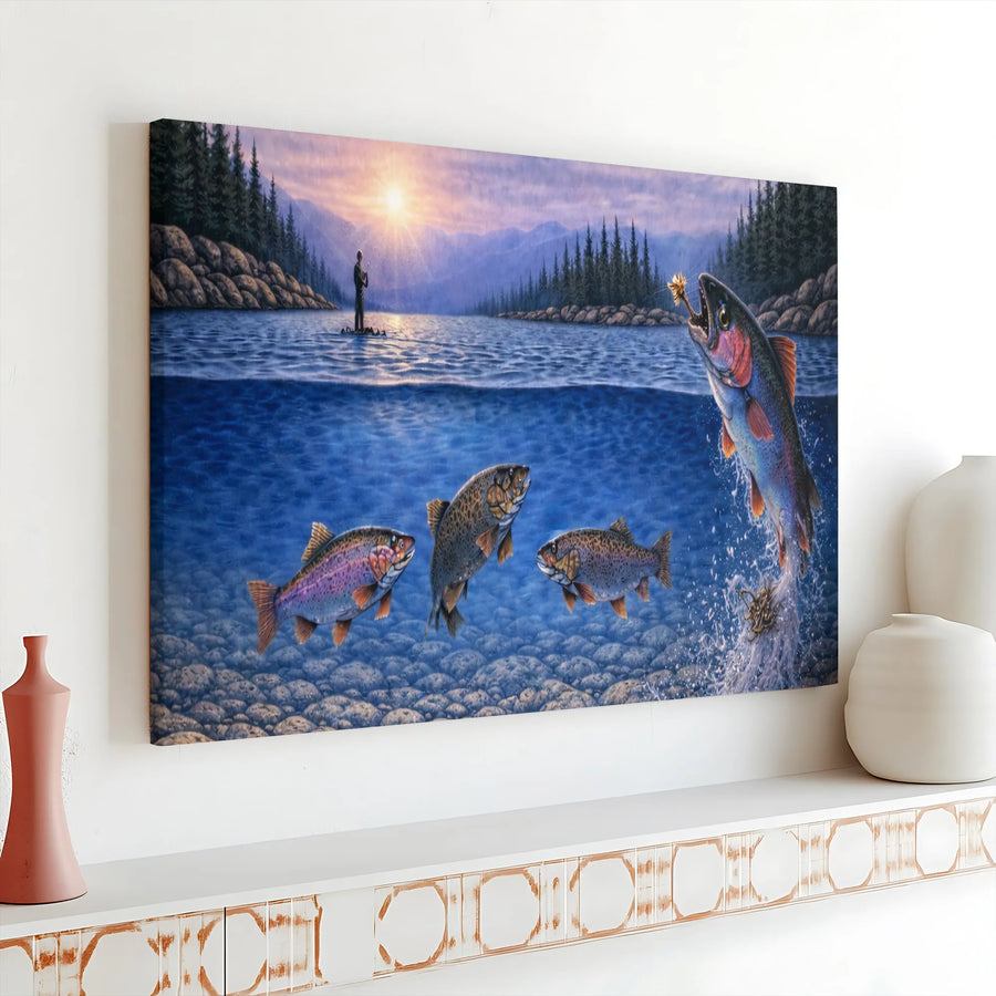 Fly Fishing Trout Canvas Print | Jumping Rainbow Trout Underwater Scene | Premium Gallery Wrapped Canvas | Collector's Gift for Angler, Cabin Decor