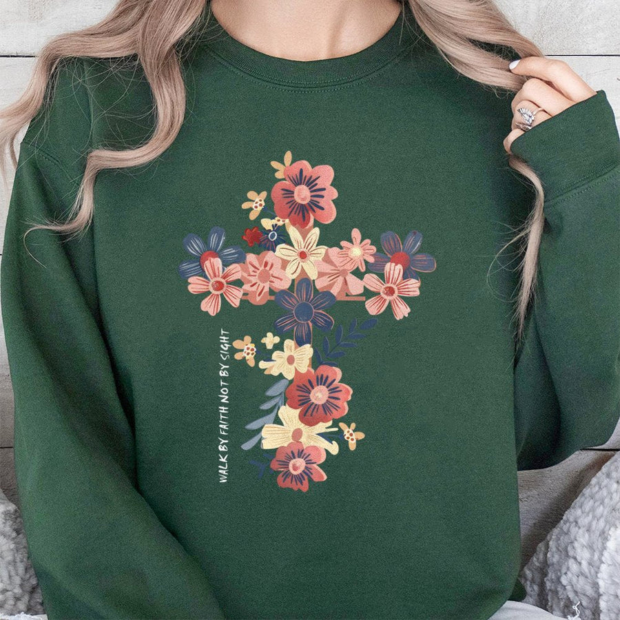 Walk By Faith Not By Sight Sweatshirt | Floral Cross Graphic Design | Premium Cotton Blend | Christian Religious Gift for Women & Men