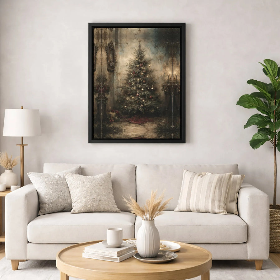 Vintage Christmas Tree Canvas Print | Moody Rustic Holiday Wall Art | Premium Gallery Wrapped Decor | Festive Home Interior Gift