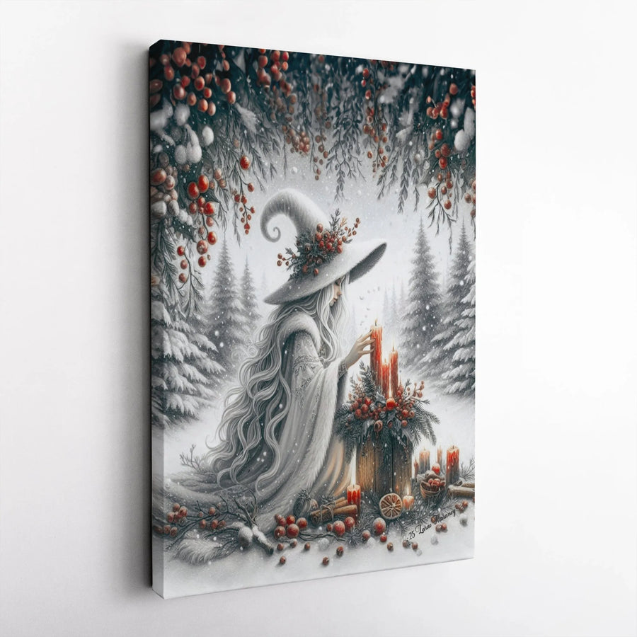 Winter Witch Wall Art | Snowy Forest Yule Candle Canvas Print | Premium Gallery Wrapped Decor | Pagan Holiday Gift for Witchy Aesthetic Lovers