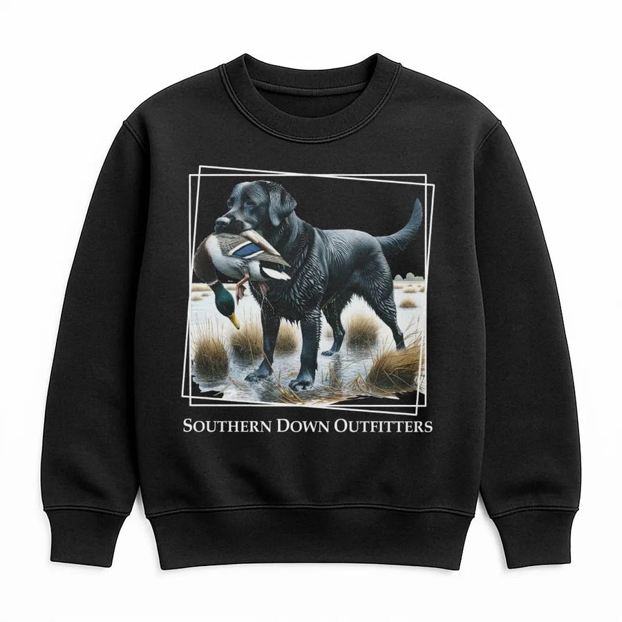 Black Labrador Retriever Sweatshirt | Hunting Dog Duck Fetch Design | Premium Cotton Blend Crewneck | Gift for Hunters and Dog Lovers