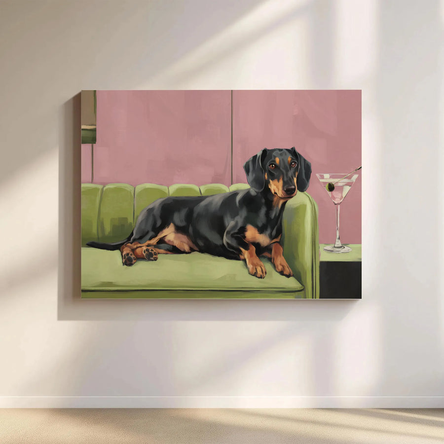 Dachshund Wall Art | Whimsical Dog on Couch with Martini Cocktail Print | Premium Gallery-Wrapped Canvas | Unique Gift for Dog Lovers