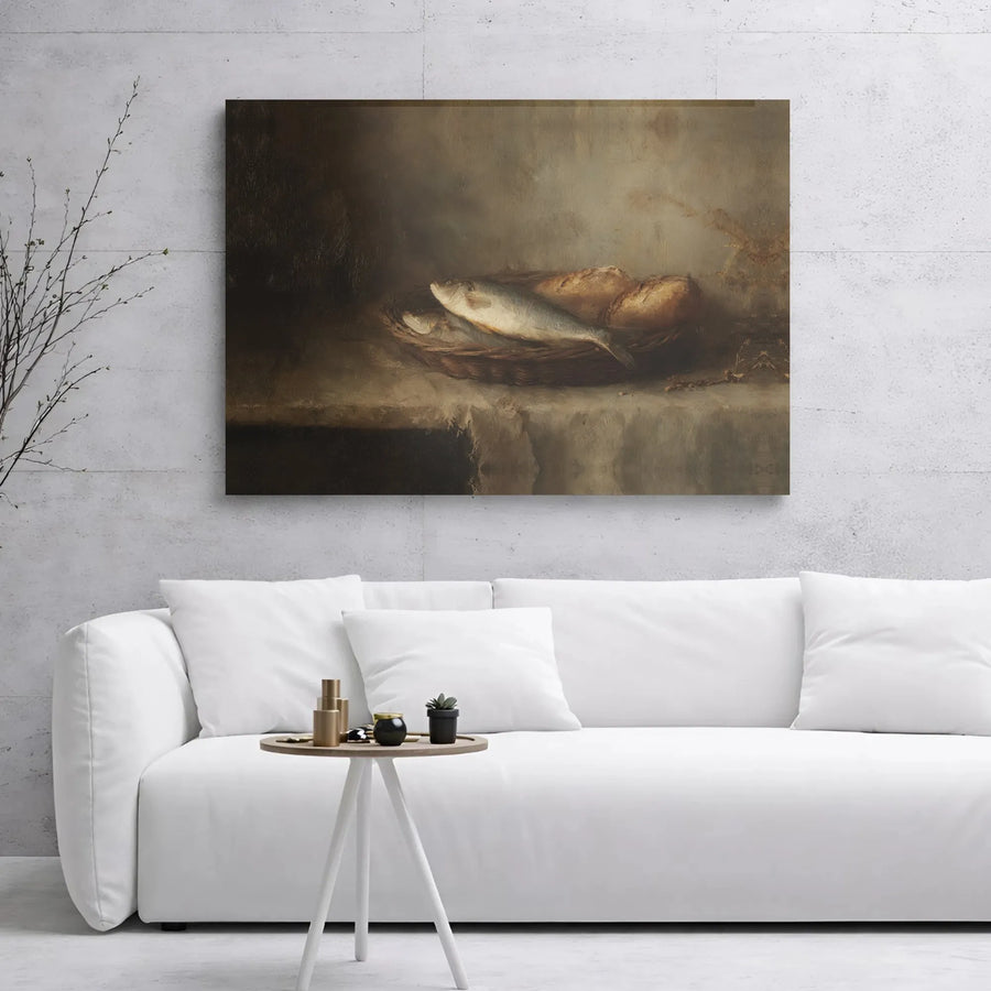 Loaves and Fishes Canvas Wall Art | Still Life Oil Painting Style | 1.25-Inch Gallery Wrap Premium Print | Christian Home Decor Gift