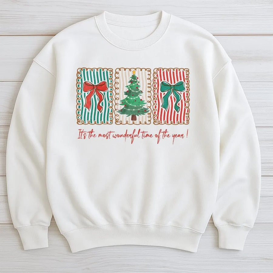 Most Wonderful Time Of The Year Sweatshirt | Retro Christmas Tree Bow Graphic | Premium Cotton Blend Crewneck | Holiday Gift For Women & Teens